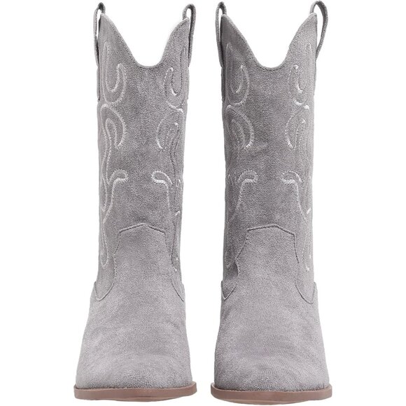 Women Grey Suede Mid Calf Chunky Block Heel Western Embroidered Fashion Boot - Picture 2 of 5